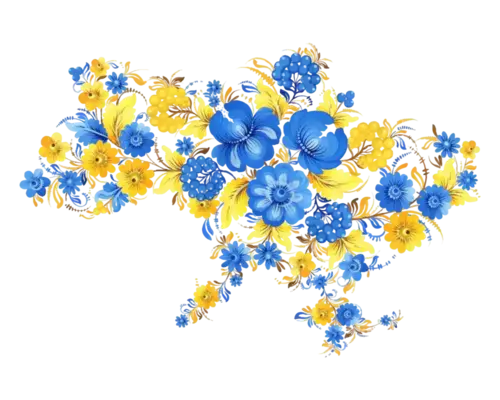 Un mapa de Ucrania formado por flores en azul y amarillo