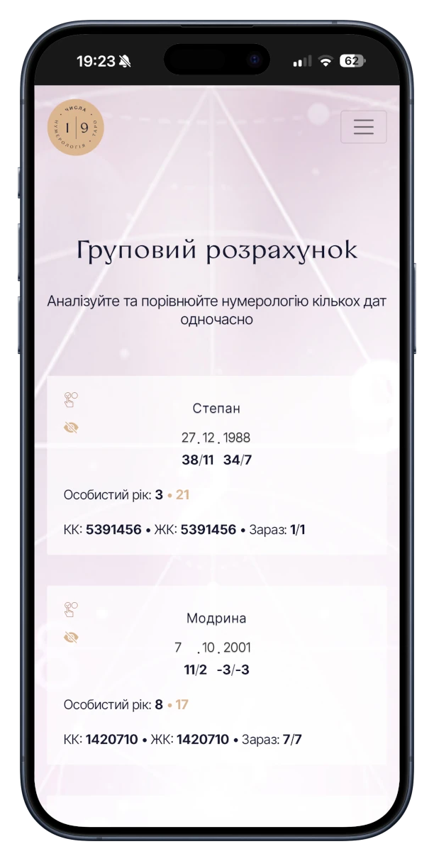 Груповий розрахунок нумерології онлайн - таблиця для порівняння кількох дат народження